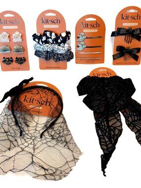 Kit•sch New Lot of 6 Sets Black Hair Barrettes, Clips & Scrunchies Spider Ghost